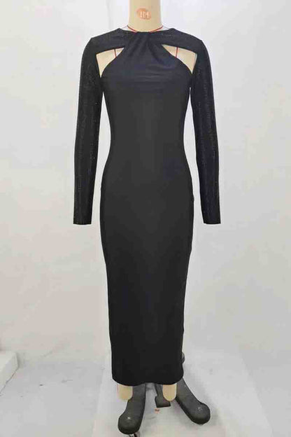 Hollow Out Patchwork Contrast O Neck Long Dresses(3 Colors)
