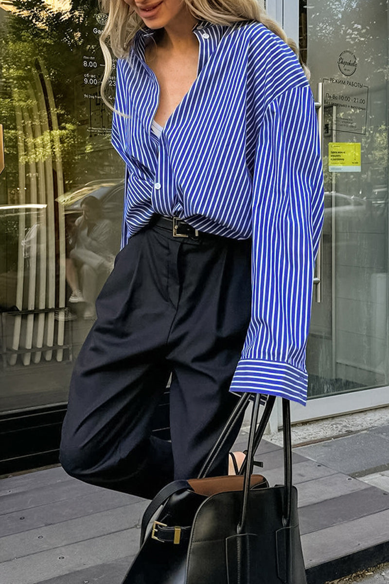 Street Striped Print Buttons Turndown Collar Blouses