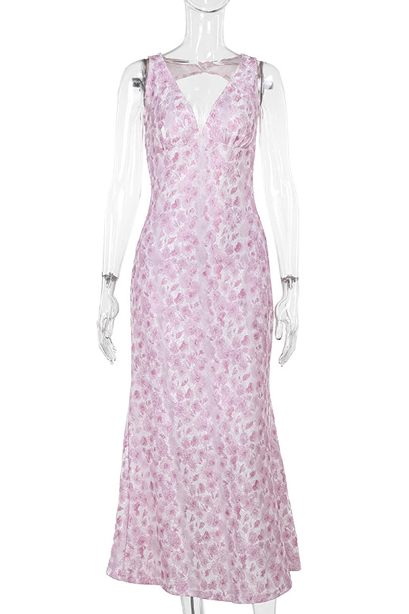 Print Patchwork Backless V Neck Long Dresses