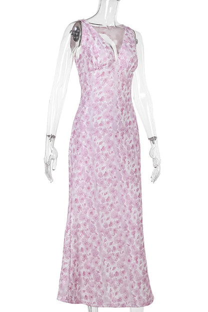 Print Patchwork Backless V Neck Long Dresses
