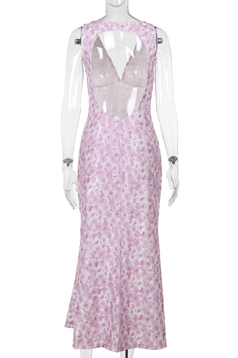 Print Patchwork Backless V Neck Long Dresses