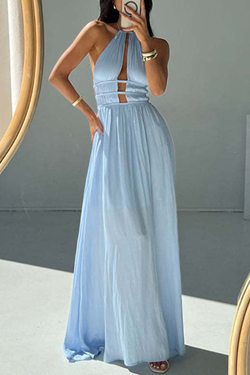 Vacation Hollow Out Backless Halter Long Dresses