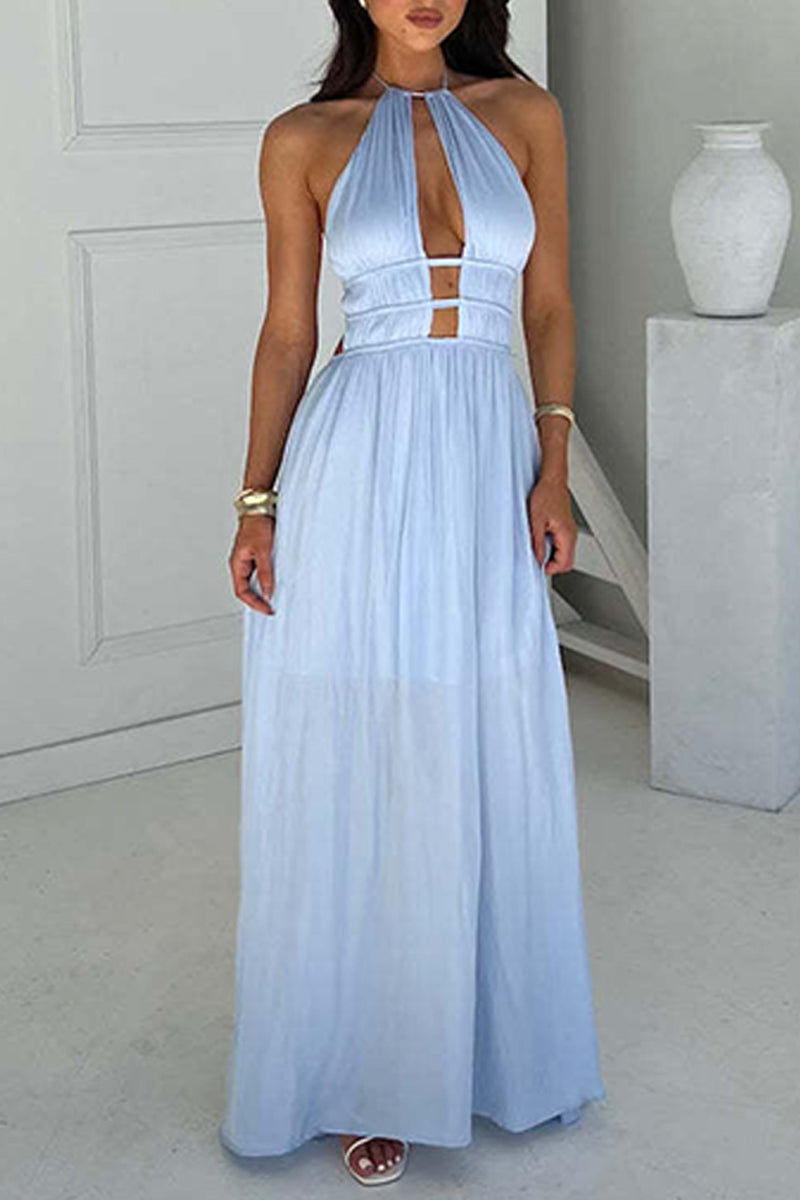 Vacation Hollow Out Backless Halter Long Dresses