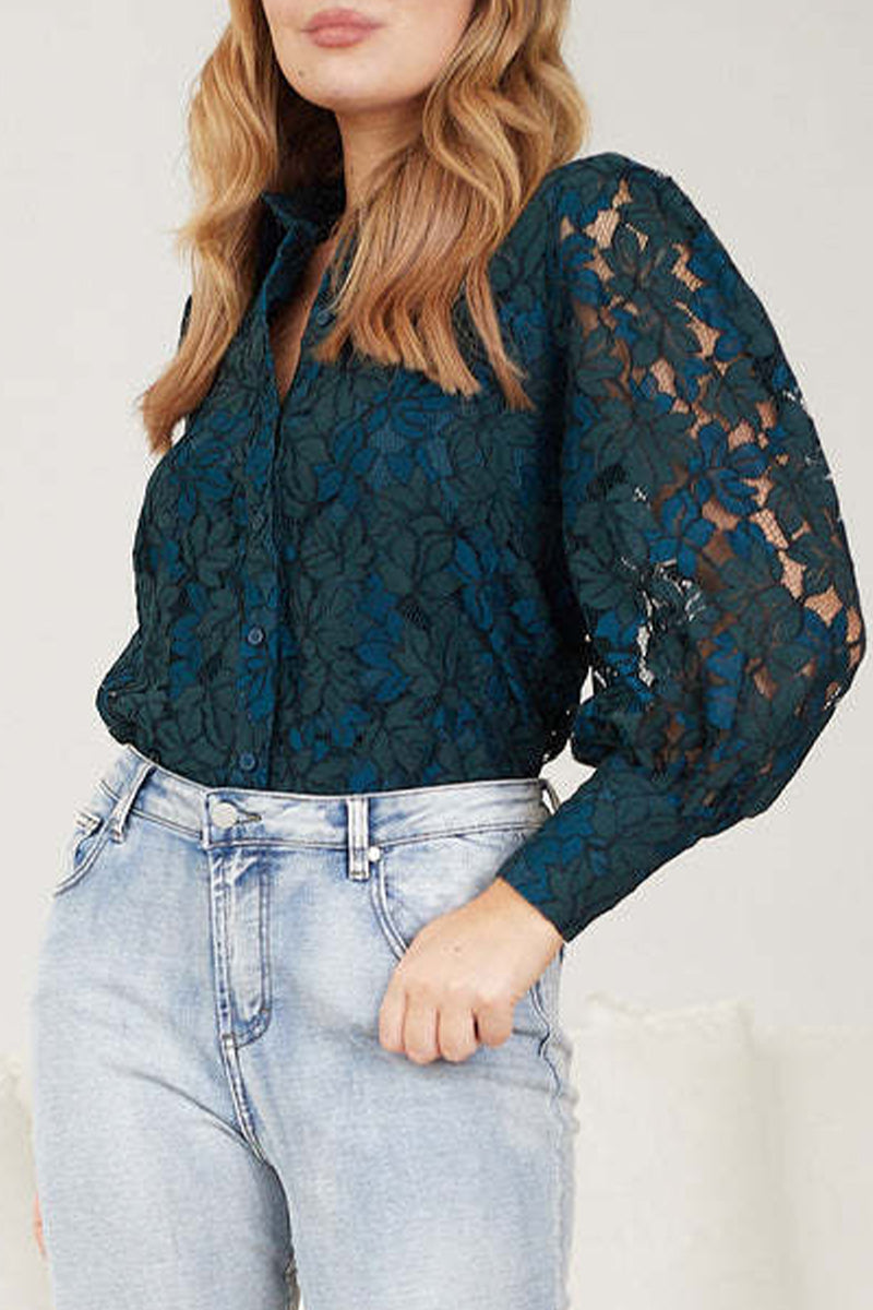 Lace Hollow Out Turndown Collar Blouses