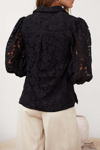 Lace Hollow Out Turndown Collar Blouses