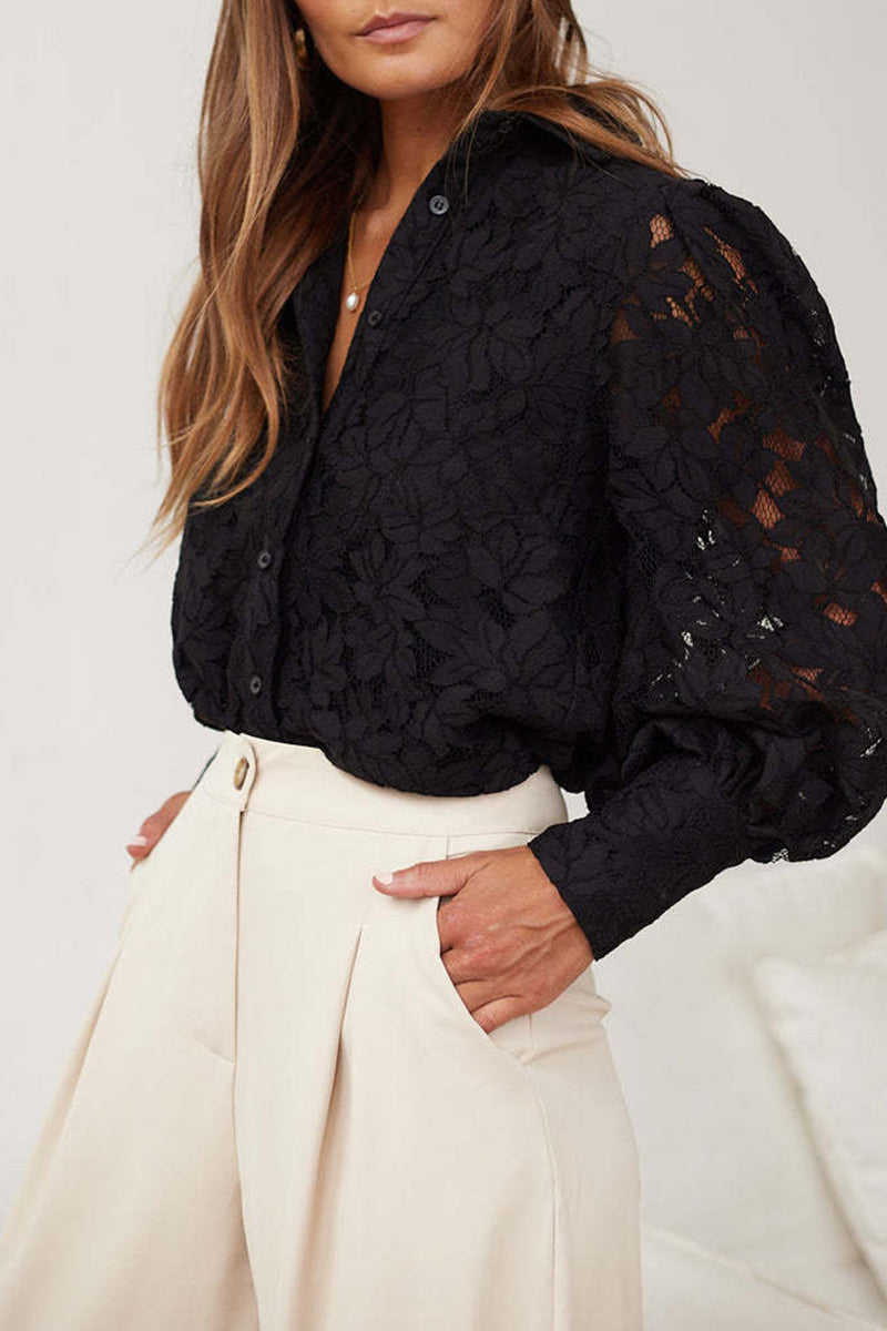 Lace Hollow Out Turndown Collar Blouses