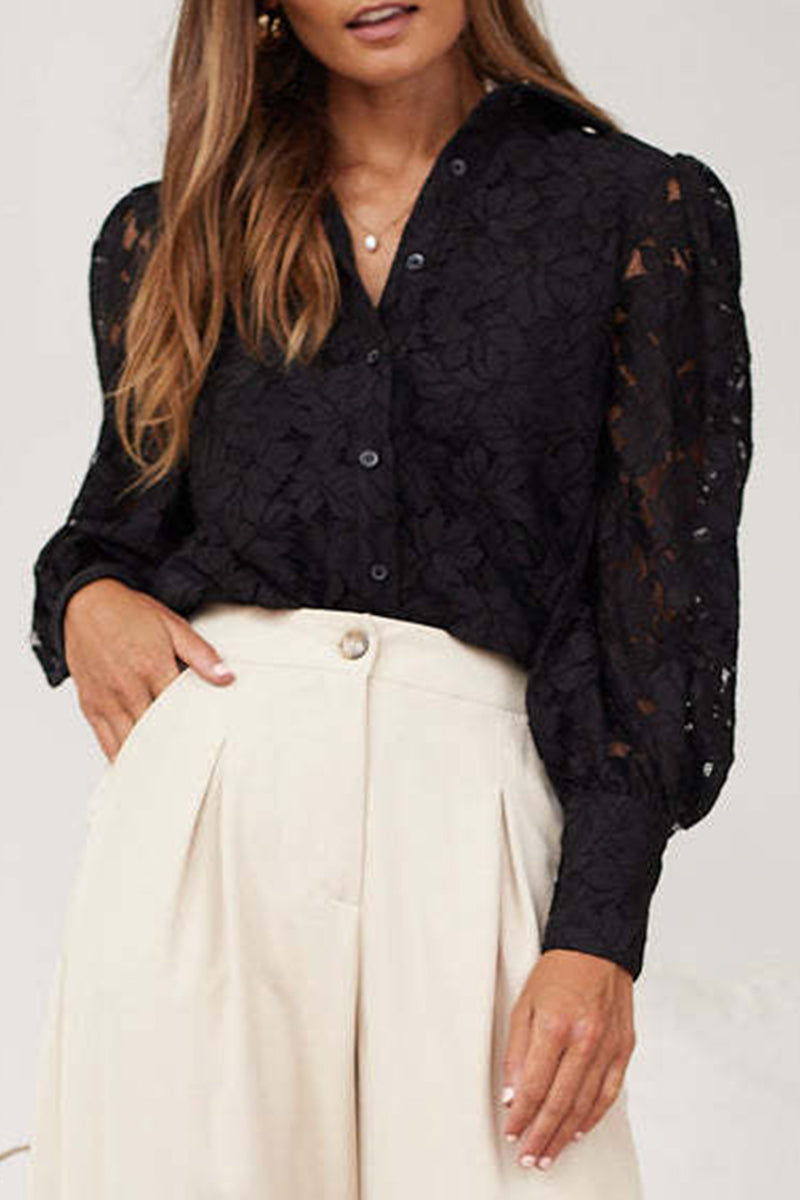 Lace Hollow Out Turndown Collar Blouses