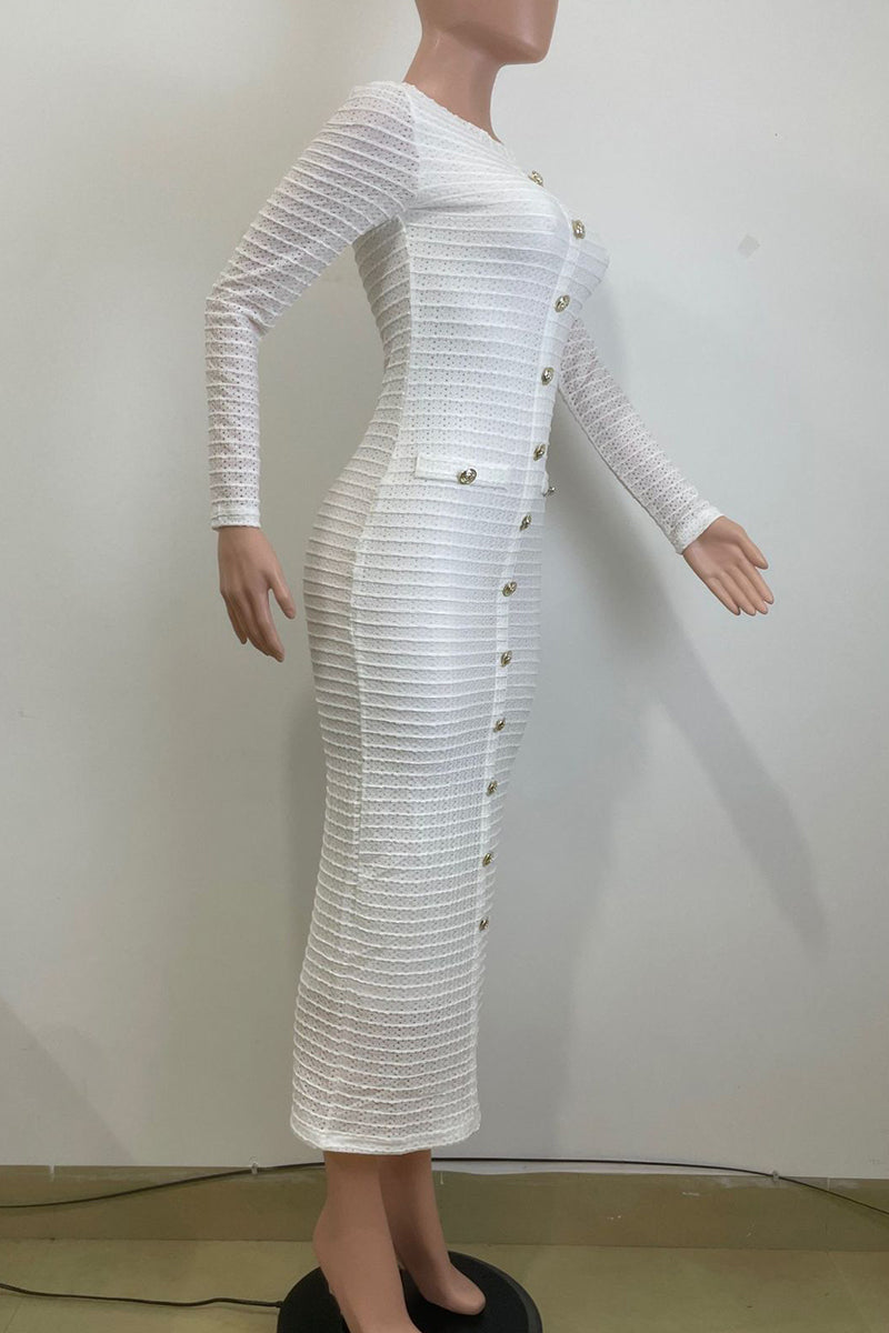 Color Buckle Patchwork O Neck Long Dresses