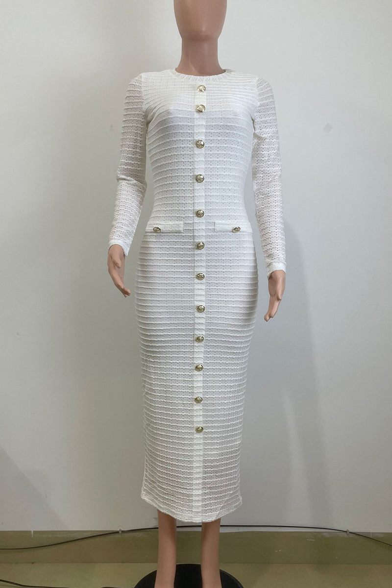 Color Buckle Patchwork O Neck Long Dresses