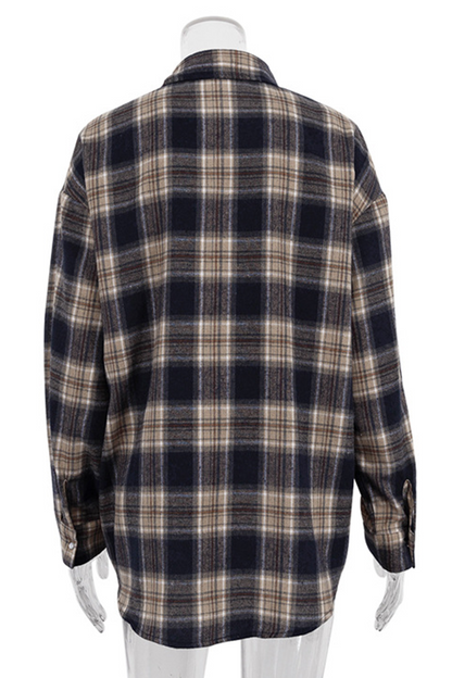 Plaid Pocket Buttons Contrast Turndown Collar Blouses