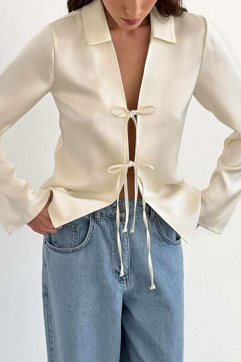 Lace Up Turndown Collar Blouses
