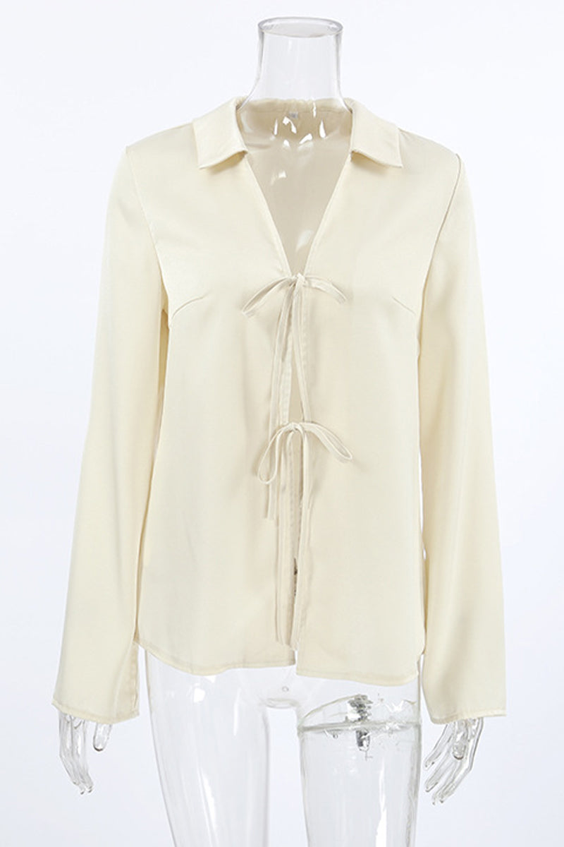 Lace Up Turndown Collar Blouses