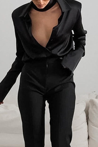 Color Buttons Turndown Collar Blouses
