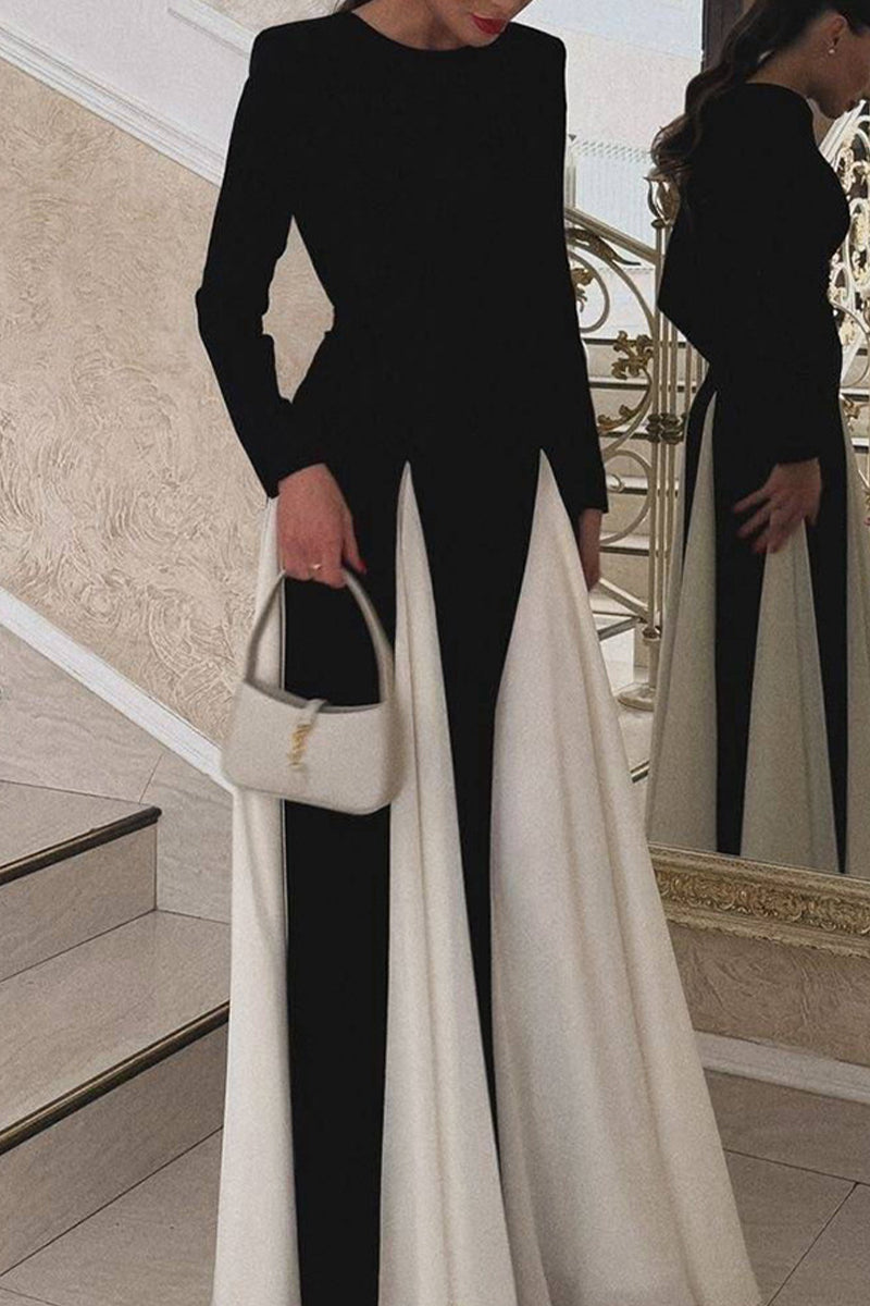 Color Contrast O Neck Long Dresses