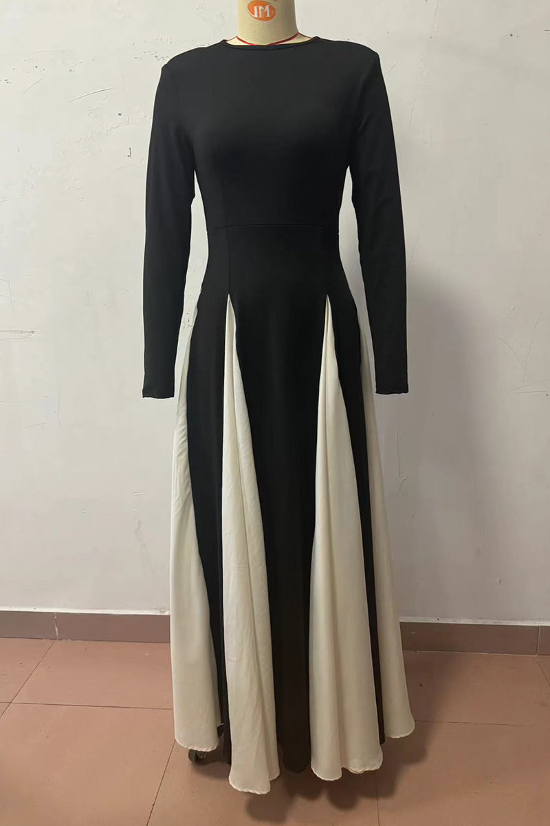 Color Contrast O Neck Long Dresses