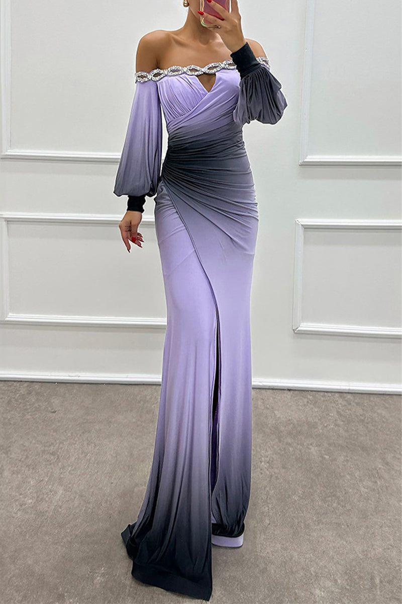 Prom Gradient Print Slit Ruched Contrast Off Shoulder Long Dresses(7 Colors)