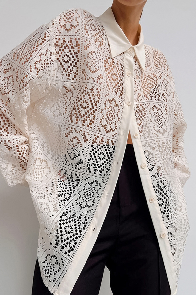 Hollow Out See-through Turndown Collar Blouses
