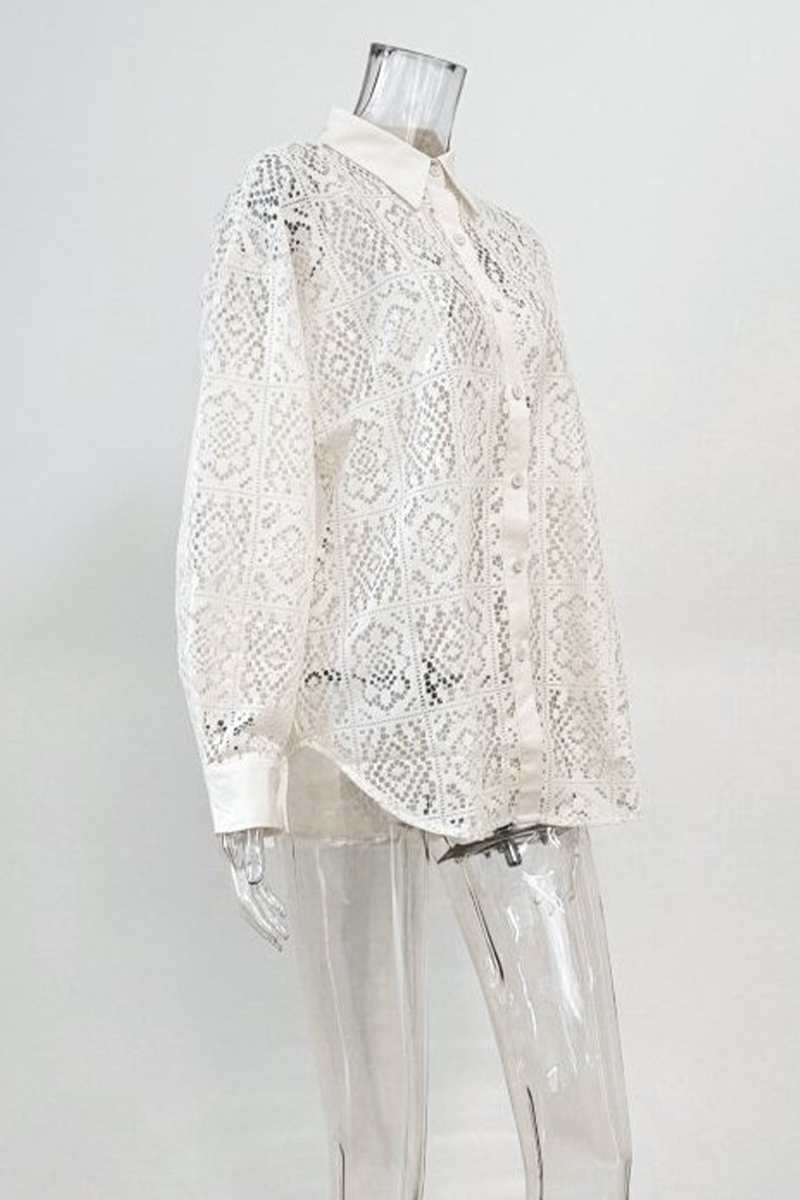 Hollow Out See-through Turndown Collar Blouses