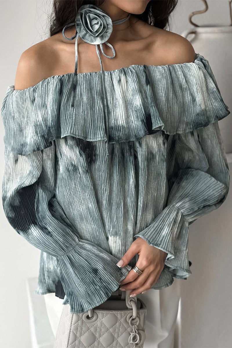 Tie Dye Ruffle Flowers Contrast Off Shoulder Blouses