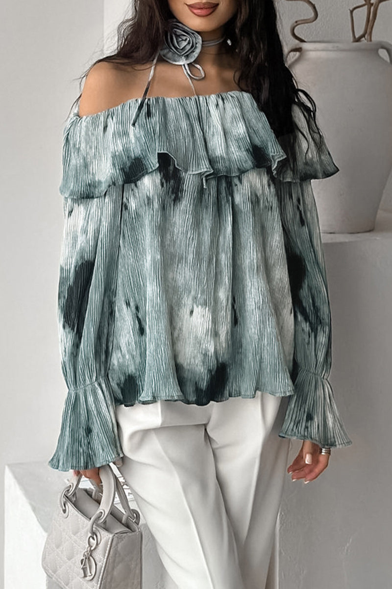 Tie Dye Ruffle Flowers Contrast Off Shoulder Blouses