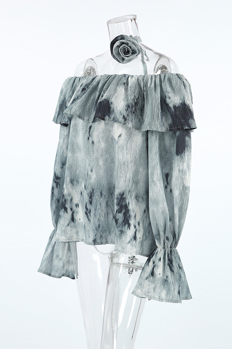 Tie Dye Ruffle Flowers Contrast Off Shoulder Blouses