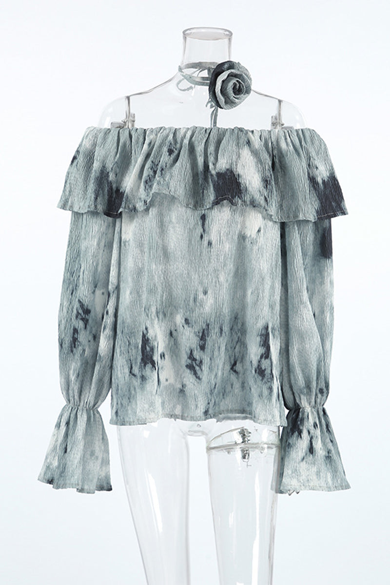 Tie Dye Ruffle Flowers Contrast Off Shoulder Blouses