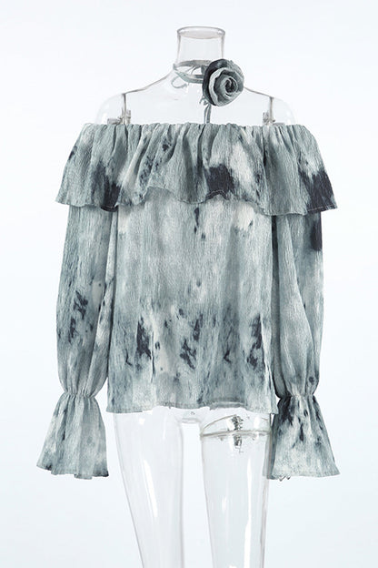 Tie Dye Ruffle Flowers Contrast Off Shoulder Blouses