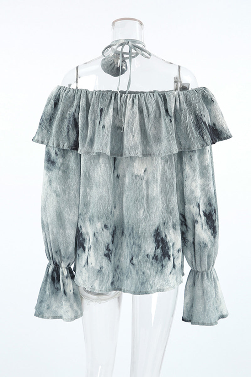 Tie Dye Ruffle Flowers Contrast Off Shoulder Blouses