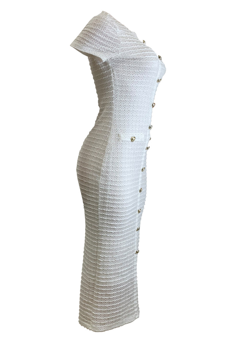 Buttons Patchwork O Neck Long Dresses