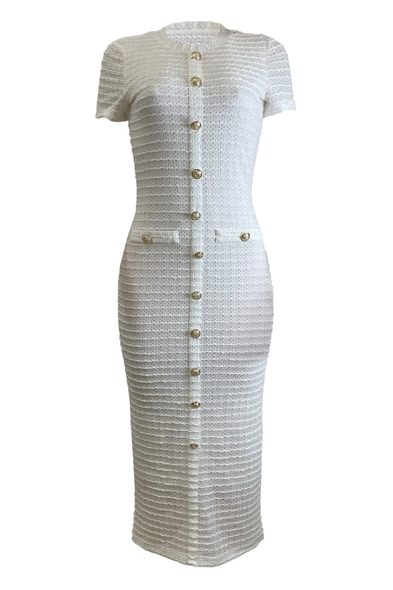 Buttons Patchwork O Neck Long Dresses