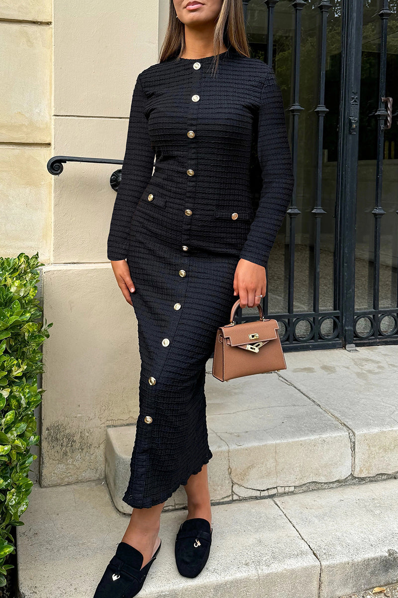 Color Buckle Patchwork O Neck Long Dresses