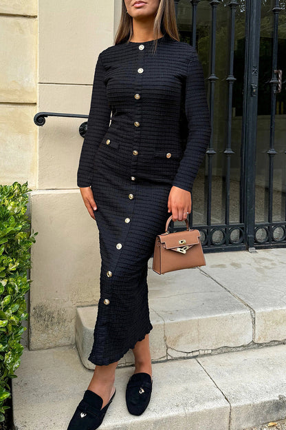 Color Buckle Patchwork O Neck Long Dresses