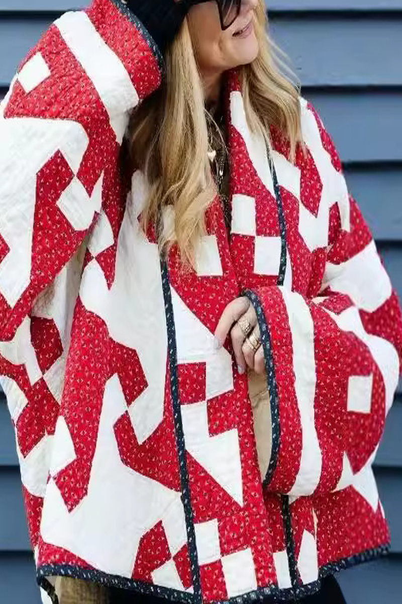 Daily Geometric Print Contrast Cardigan Collar Outerwear