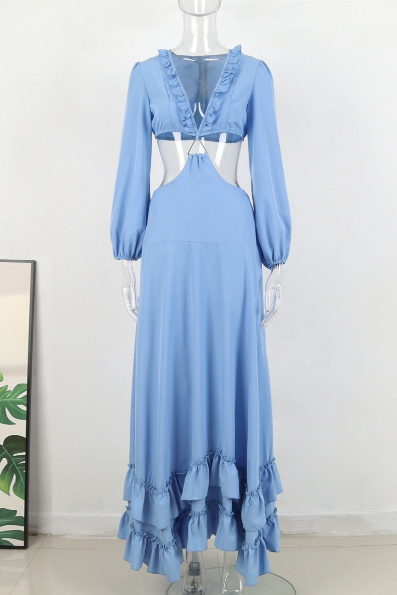Vacation Hollow Out Deep V Neck Long Dresses