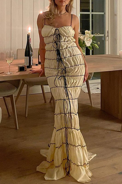 Lace Up Contrast V Neck Long Dresses