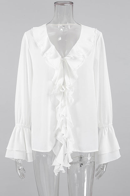Color Ruffle V Neck Blouses