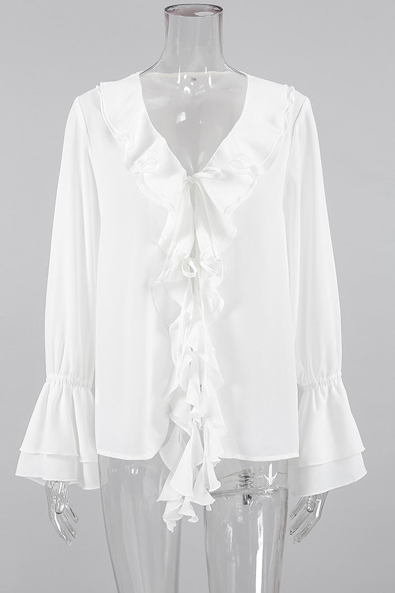 Color Ruffle V Neck Blouses