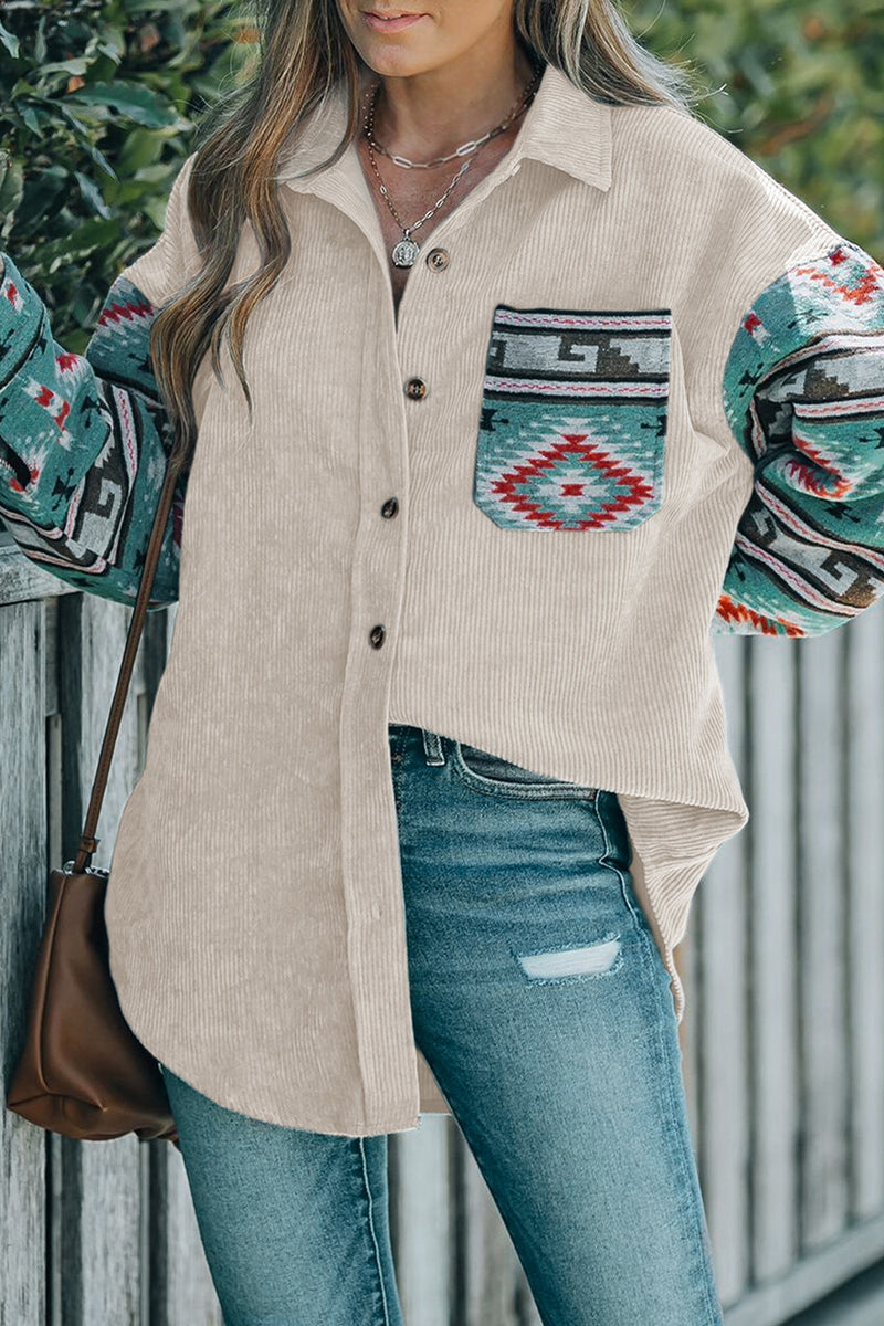Geometric Print Pocket Patchwork Contrast Turndown Collar Blouses