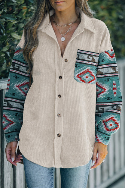 Geometric Print Pocket Patchwork Contrast Turndown Collar Blouses