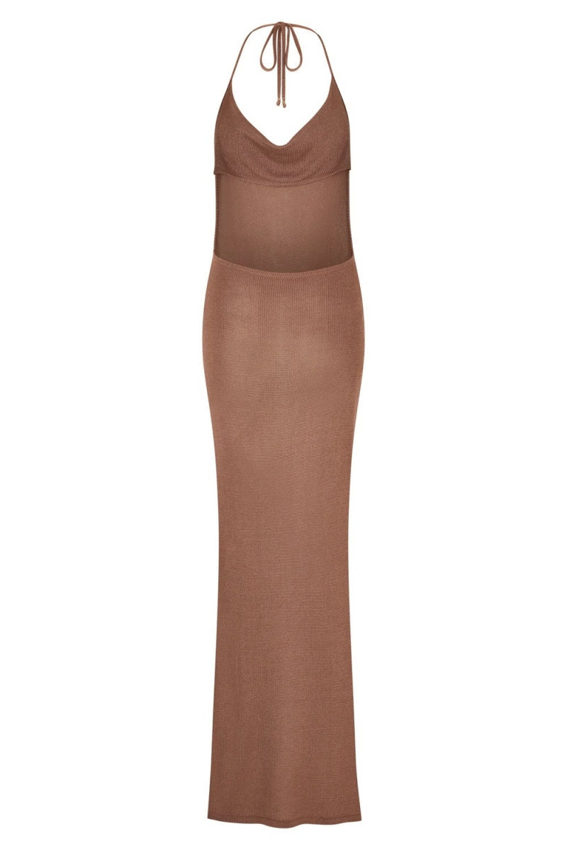 Backless Slit Belted Halter Long Dresses