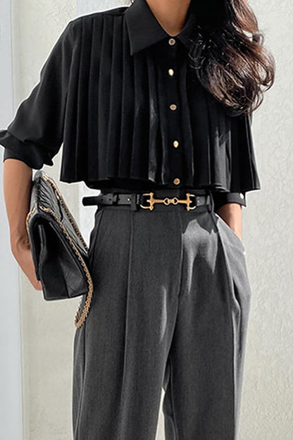 Buttons Pleated Turndown Collar Blouses