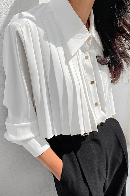 Buttons Pleated Turndown Collar Blouses