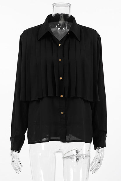 Buttons Pleated Turndown Collar Blouses