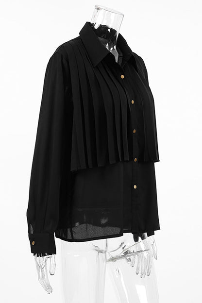 Buttons Pleated Turndown Collar Blouses