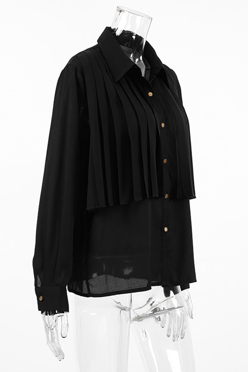 Buttons Pleated Turndown Collar Blouses