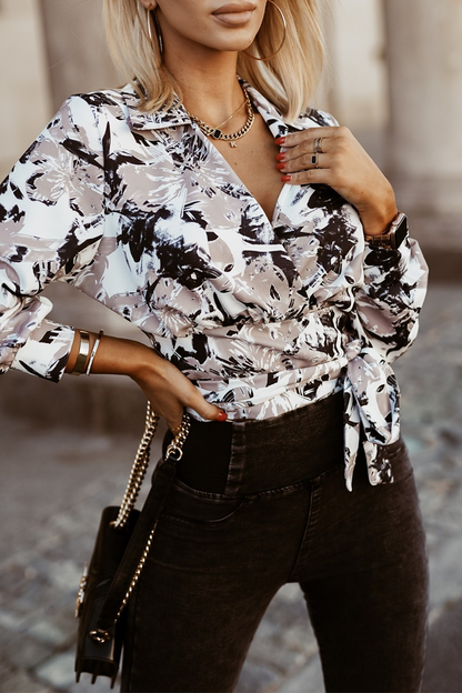 Geometric Print Lace Up Turndown Collar Blouses