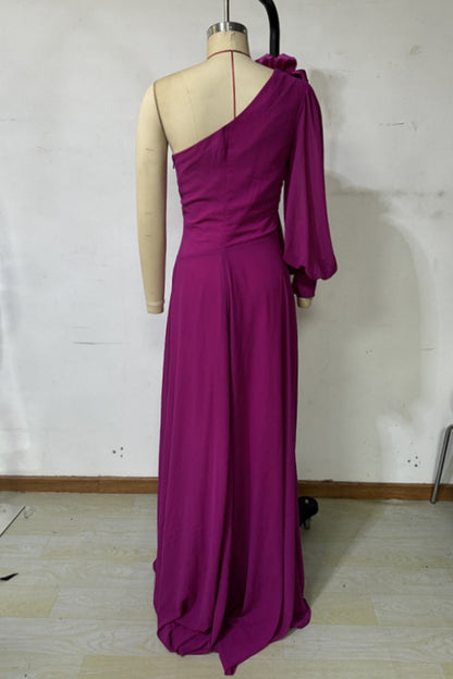 Formal Flowers Hollow Out Backless Slit Oblique Collar Long Dresses