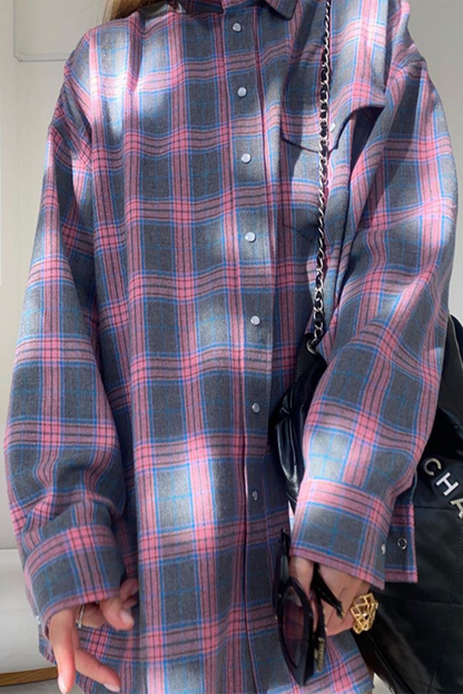 Street Plaid Pocket Buttons Contrast Turndown Collar Blouses(3 Colors)