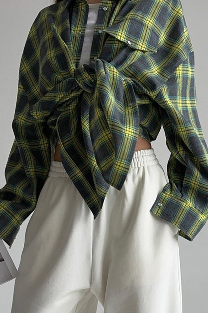Street Plaid Pocket Buttons Contrast Turndown Collar Blouses(3 Colors)