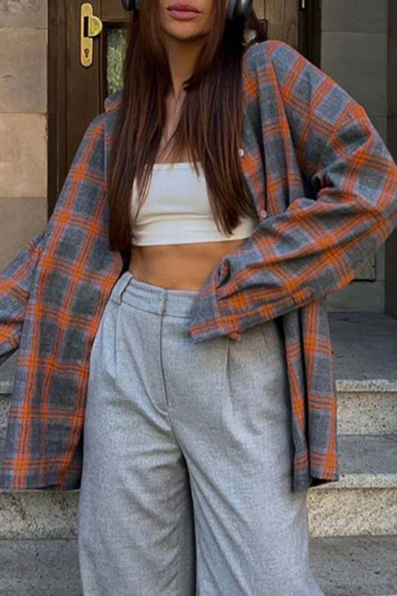 Street Plaid Pocket Buttons Contrast Turndown Collar Blouses(3 Colors)